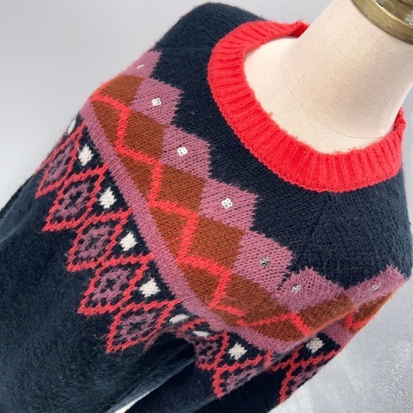 LOFT Outlet Black/Red/Pink/Sequin Patterned Crewneck Sweater- L - Picture 3 of 13